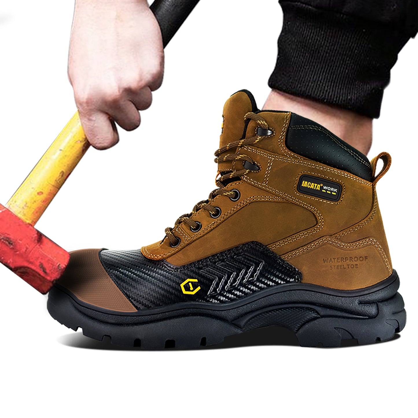 Waterproof Leather Steel Toe Work Boots For Men Brown