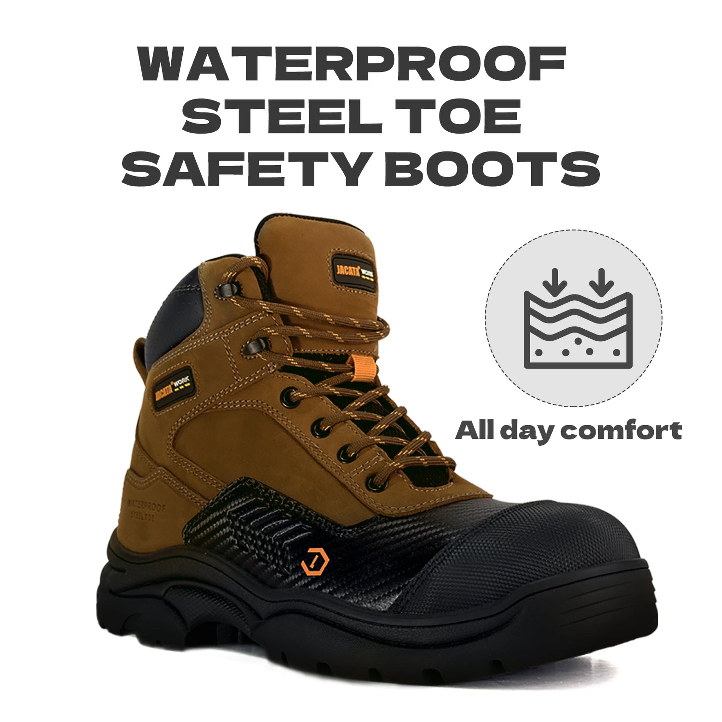 Waterproof Leather Steel Toe Work Boots For Men Brown